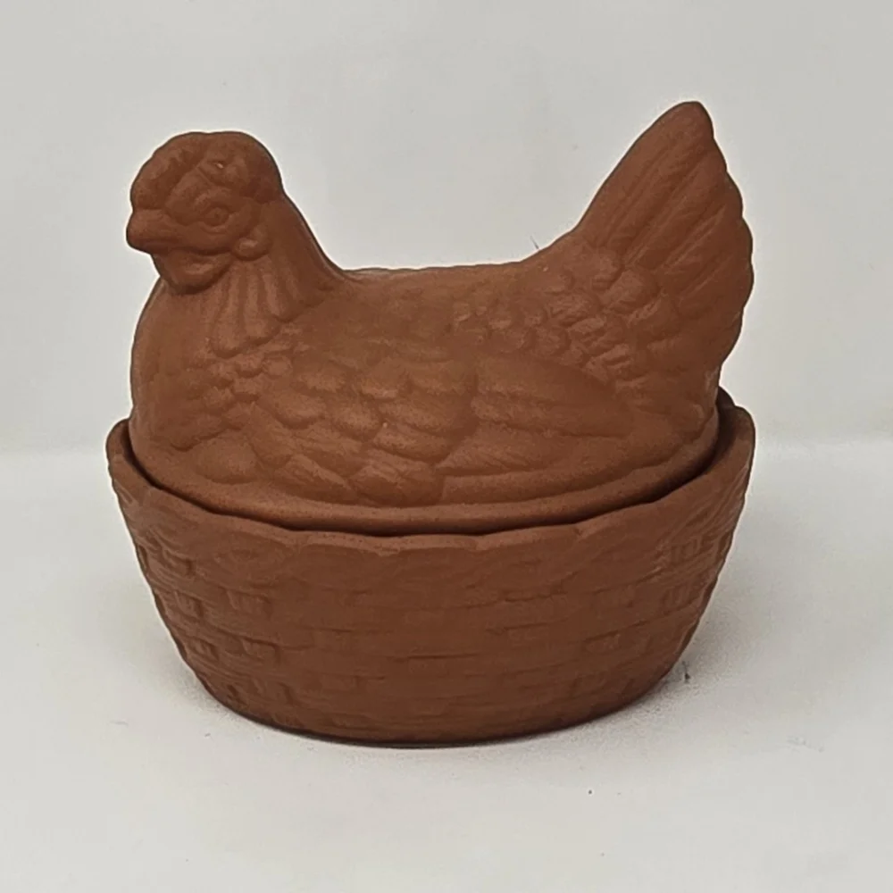 Vtg Terracotta hen on nest basket baker trinket‎ box glazed country cottagecore